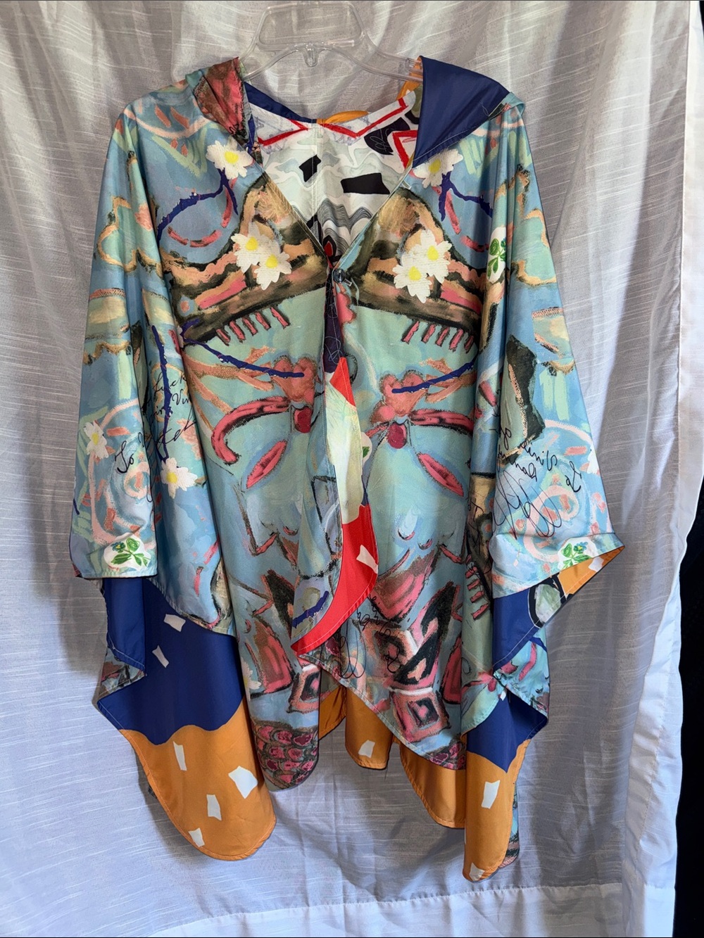 Abstract Floral Hooded Poncho Jacket in Multi Blue